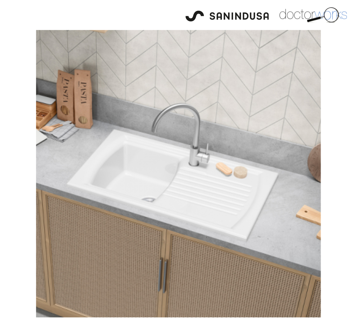 Fregadero Sanindusa mod. Lusitano con 1 cubeta y escurridor derecha color blanco 860 x 500 mm