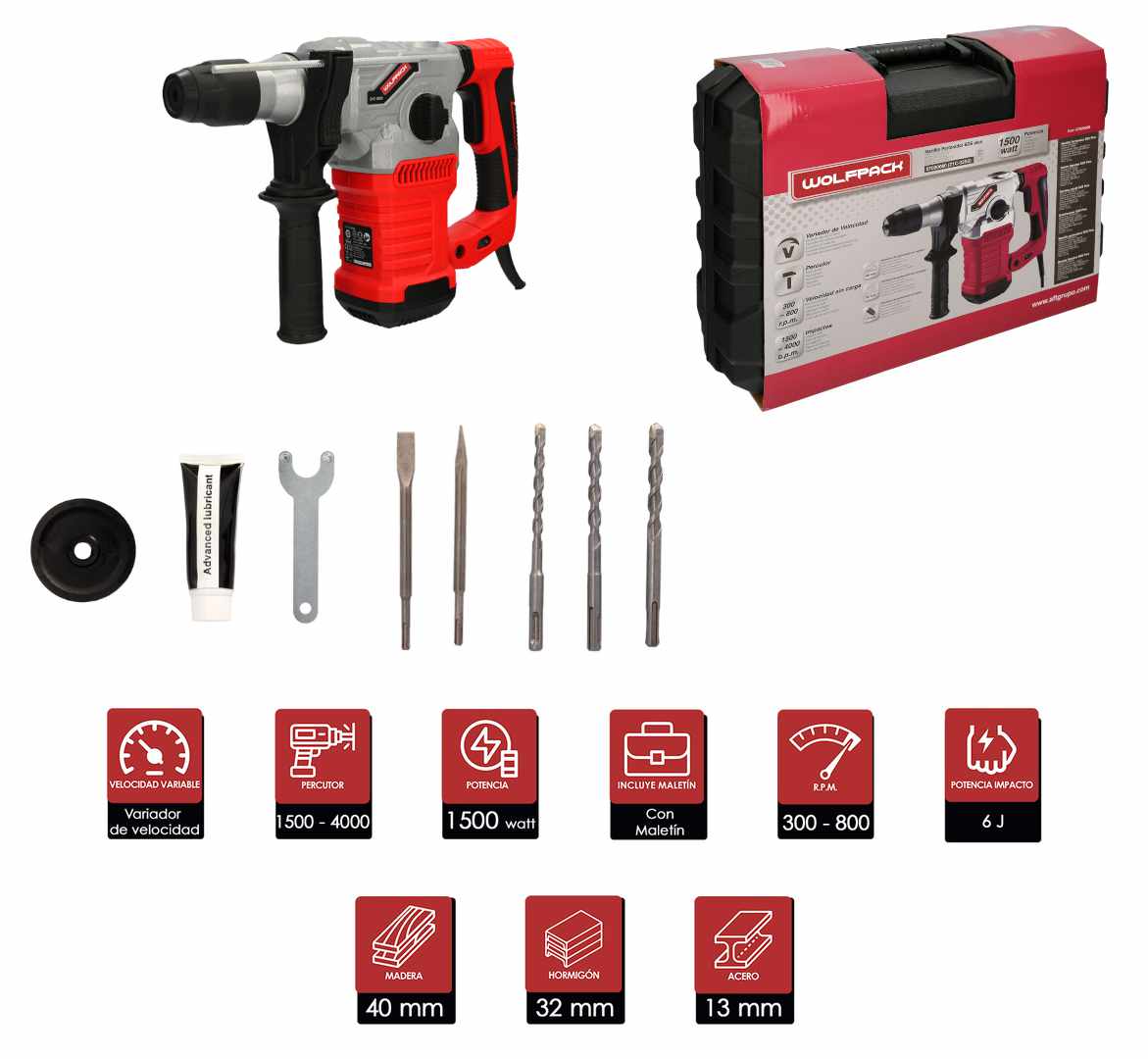 Martillo Perforador SDS PLUS 1.500 Watt. Con Accesorios y Maletín