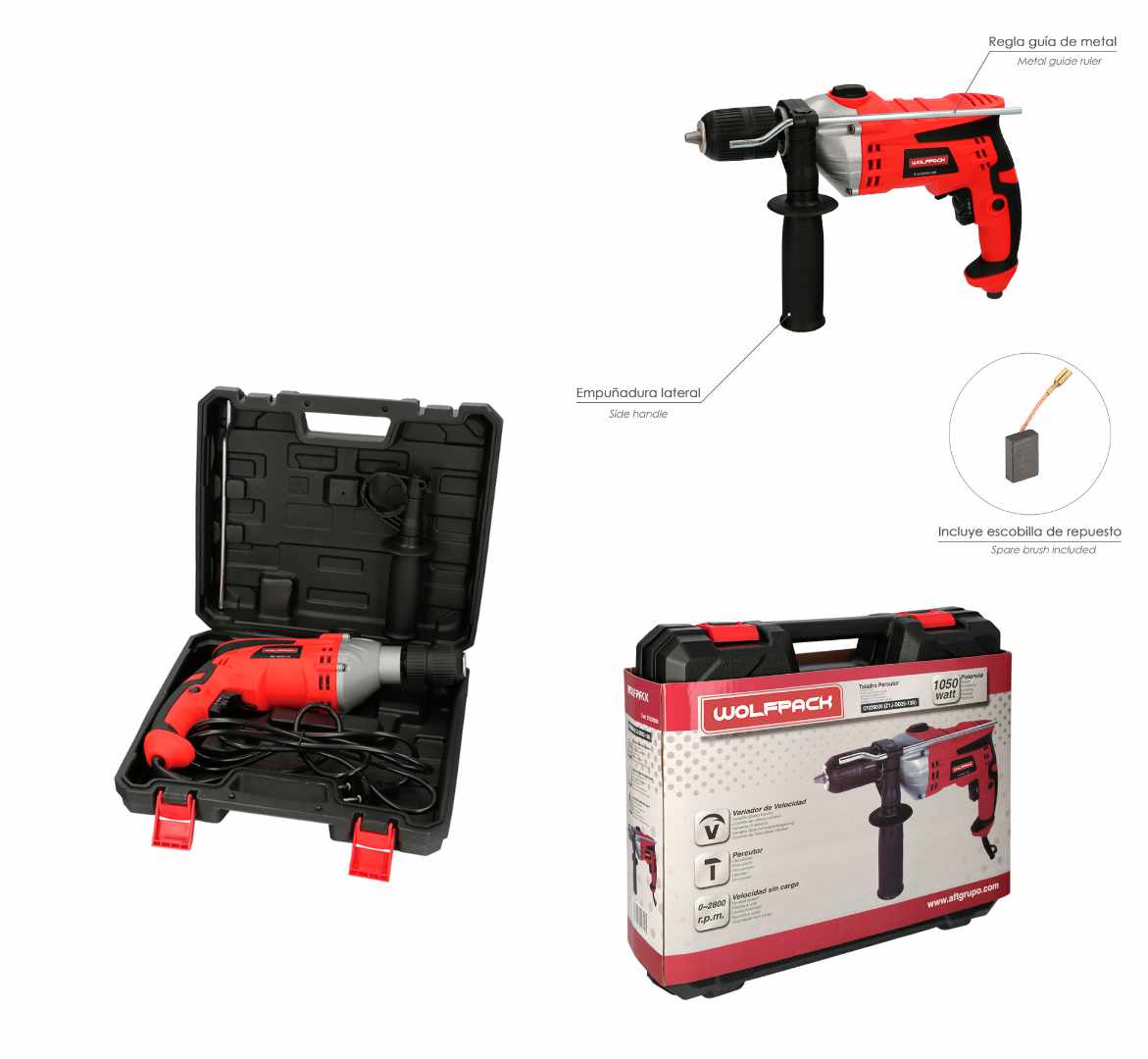 Taladro Percutor 1050 Watt. Con Variador de Velocidad. Incluye Maletí­n, Empuñadura y Guía Metálica